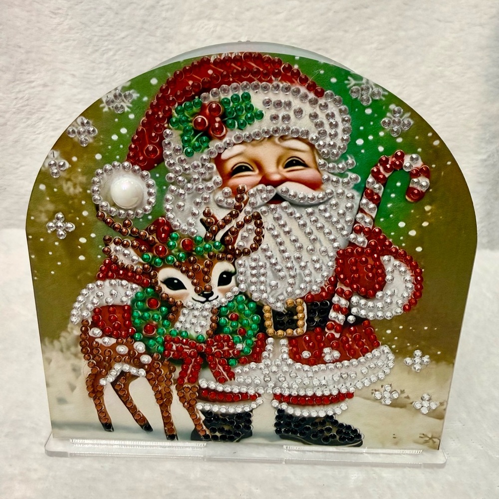 Finished Festive  "Holiday Cheer" acrylic diamond art napkin holder.